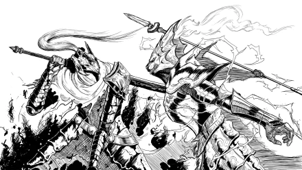 Black and white HD illustration of Dragonslayer Ornstein and Artorias from Dark Souls in dynamic battle poses for a video game desktop wallpaper.