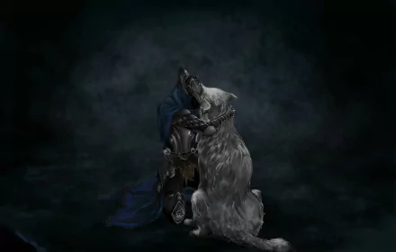 HD PC desktop wallpaper featuring Artorias kneeling beside Sif, the large wolf, from the Dark Souls video game series, set against a dark, moody background.