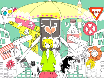 HD PC desktop wallpaper/background of Rin Kagamine (Vocaloid anime) standing under a yellow umbrella amid a colorful collage of signs, bandages, flowers and playful animals.