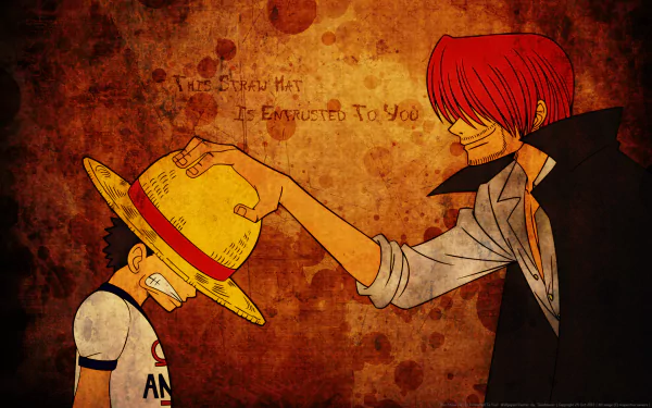 HD wallpaper featuring Shanks entrusting the iconic straw hat to Monkey D. Luffy from the anime One Piece, with a textured background and the phrase The Straw Hat is Entrusted to You.