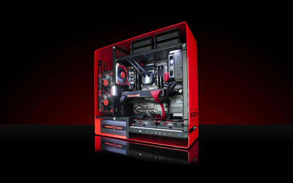 A high-tech AMD-powered PC with glowing red and black interior components, showcased as a 4K Ultra HD desktop wallpaper highlighting advanced computer technology.