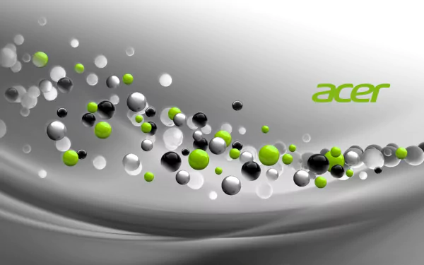 HD PC desktop wallpaper featuring floating green, black, and white spheres against a sleek gray background with the Acer logo, showcasing computer technology.