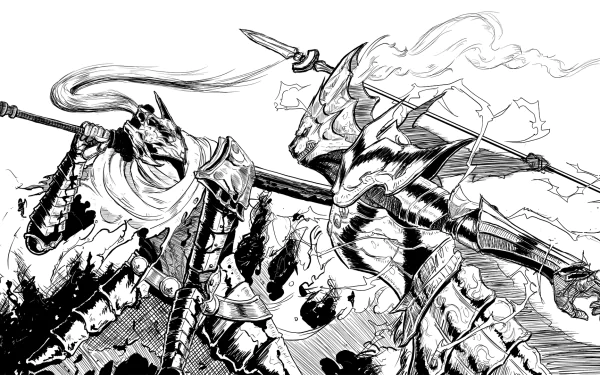 Black and white HD illustration of Dragonslayer Ornstein and Artorias from Dark Souls in dynamic battle poses for a video game desktop wallpaper.