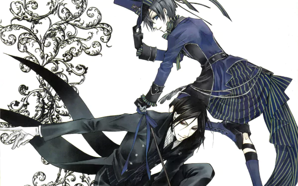 A dynamic 4K Ultra HD anime wallpaper featuring characters from Black Butler, showcasing intricate designs and dramatic poses against a swirling black and white background.