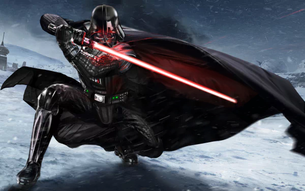Darth Vader stands on the icy surface of Hoth, wielding a red lightsaber and dressed in a dramatic cape and helmet, ready for action in this striking sci-fi wallpaper.
