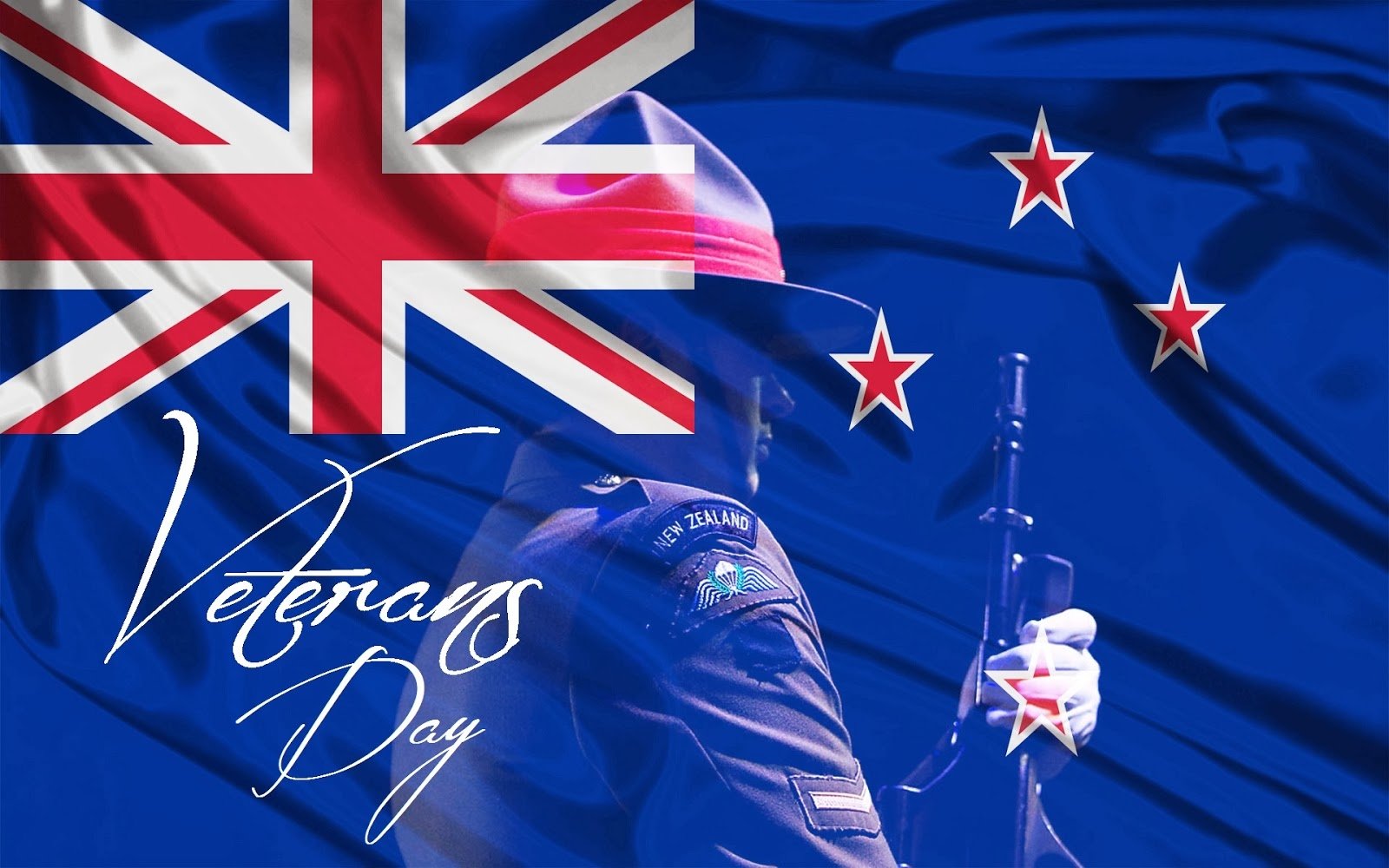 HD PC desktop wallpaper background: a veteran soldier in uniform with rifle before the New Zealand flag, with Veterans Day script and patriotic holiday motif.