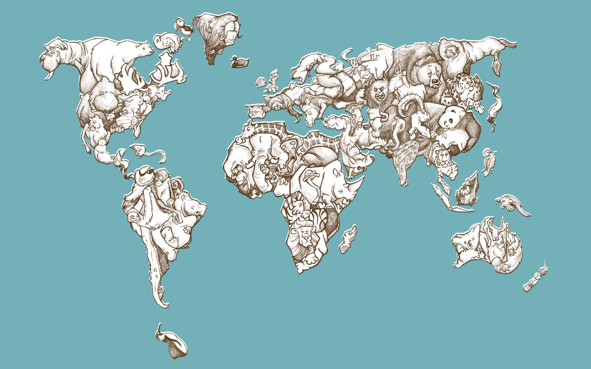 An artistic world map featuring various animals intricately illustrated within the continents, presented as an HD desktop wallpaper and background.