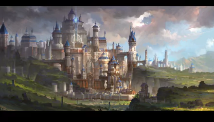 A vibrant anime cityscape featuring a majestic castle surrounded by lush greenery and dramatic skies, designed as a high-definition desktop wallpaper.
