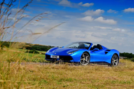 HD PC desktop wallpaper featuring a vibrant blue Ferrari 488 Spider parked on a grassy field under a partly cloudy sky.