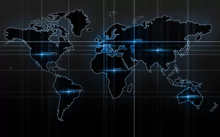 HD desktop wallpaper displaying a detailed, illuminated world map with a sleek, modern design on a dark background.