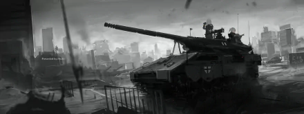 HD PC desktop wallpaper — monochrome military anime scene: a tank with two crew on the turret overlooking a ruined city skyline.