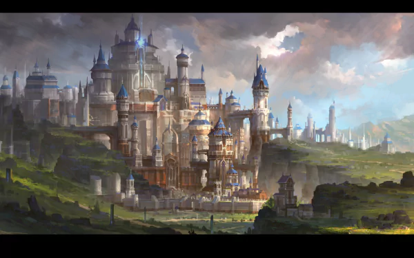 A vibrant anime cityscape featuring a majestic castle surrounded by lush greenery and dramatic skies, designed as a high-definition desktop wallpaper.