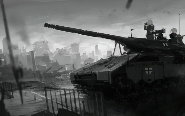 HD PC desktop wallpaper — monochrome military anime scene: a tank with two crew on the turret overlooking a ruined city skyline.
