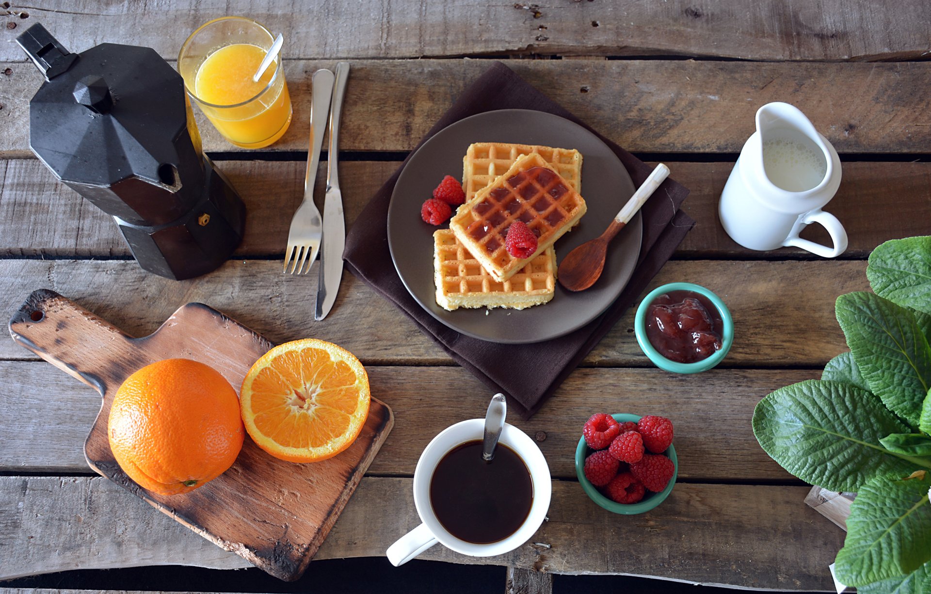 Download Waffle Raspberry Coffee Orange (Fruit) Food Still Life  HD Wallpaper