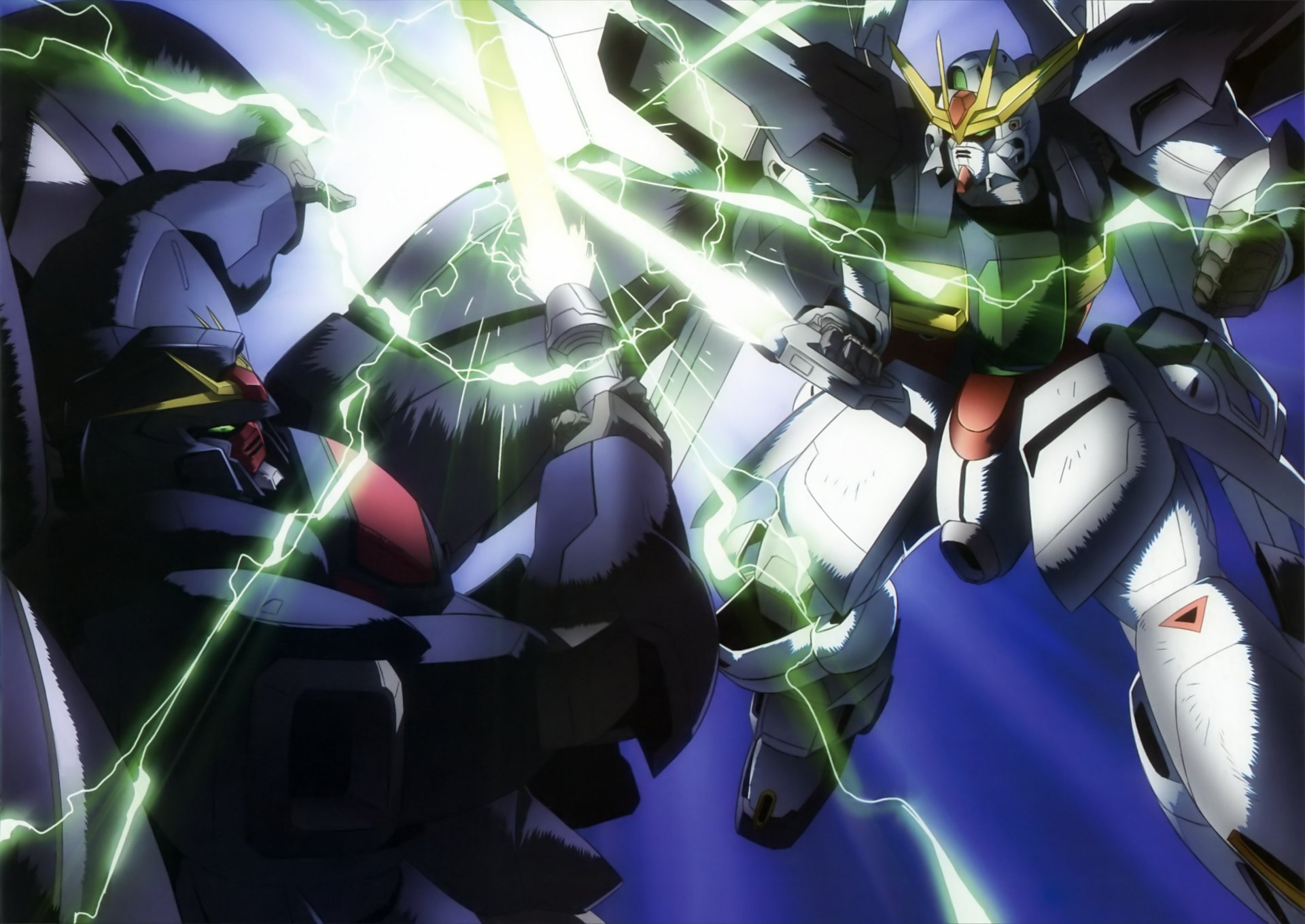 HD PC desktop wallpaper featuring intense mecha battle from the anime After War Gundam X, showcasing detailed mobile suits and dynamic glowing energy effects.