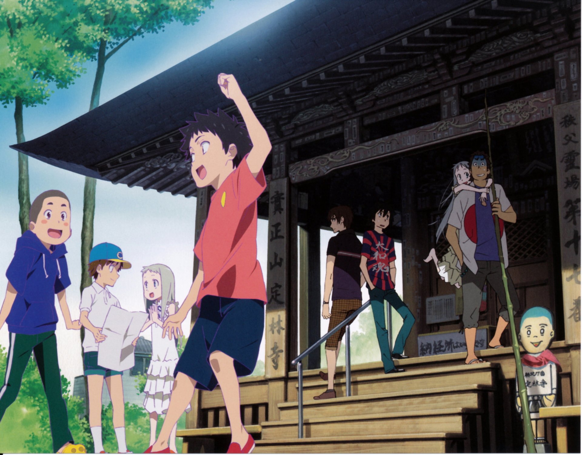 Anime scene from Anohana featuring a group of characters outside a traditional building, rendered in vibrant colors for a 4K Ultra HD PC desktop wallpaper.