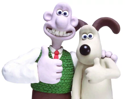 HD desktop wallpaper featuring Wallace and Gromit from the movie, both giving thumbs up with cheerful expressions.
