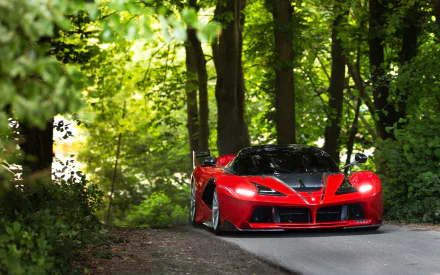 A striking Ferrari FXX K supercar glides along a wooded path, surrounded by lush greenery, capturing the essence of speed and elegance in this stunning HD desktop wallpaper.