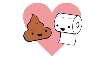 A humorous HD desktop wallpaper featuring a smiling poop emoji and a cheerful toilet paper roll, set against a pink heart background, embodying a funny and just wrong vibe.