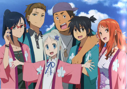 Anime HD PC desktop wallpaper featuring the main characters from Anohana, standing together outdoors under a blue sky with clouds.