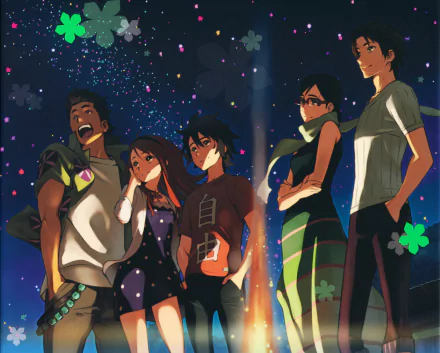 Anime-style 4K Ultra HD desktop wallpaper featuring five characters from Anohana under a starry night sky with glowing fireflies and vibrant colors.