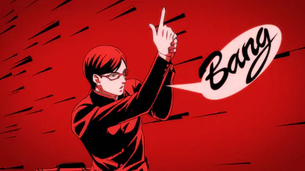 Sakamoto (Haven't You Heard I'm Sakamoto) anime HD PC desktop wallpaper: Sakamoto strikes a finger‑gun pose with a Bang speech bubble against a bold red background.