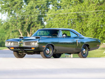 HD PC desktop wallpaper: dark green Dodge Coronet RT Hemi hardtop coupe parked on a sunlit road — classic Dodge Coronet vehicle.