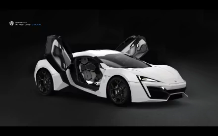 White Lykan HyperSport sports car with gullwing doors open against a dark backdrop, presented as an HD PC desktop wallpaper/background.