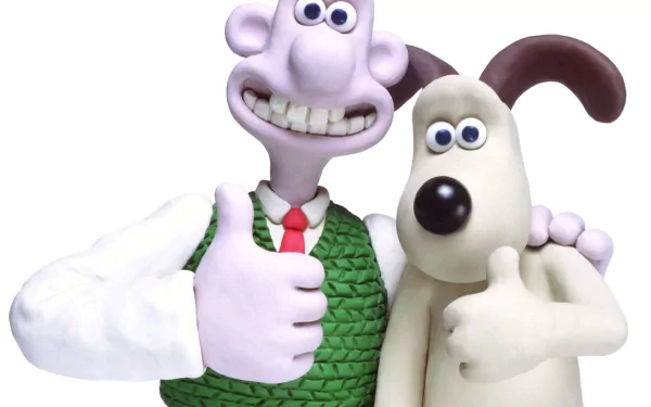HD desktop wallpaper featuring Wallace and Gromit from the movie, both giving thumbs up with cheerful expressions.