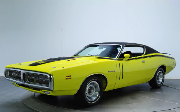 HD desktop wallpaper of a bright yellow Dodge Charger R/T 440 Magnum muscle vehicle posed in a studio against a neutral background.