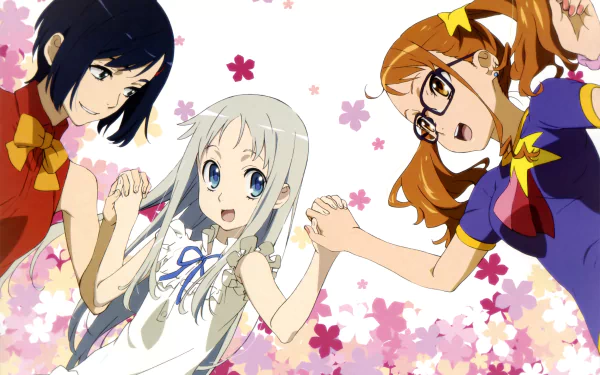 Anime Anohana 4K Ultra HD PC desktop wallpaper/background: three girls clasping hands amid pink cherry blossoms, bright pastel tones and a warm, nostalgic mood.