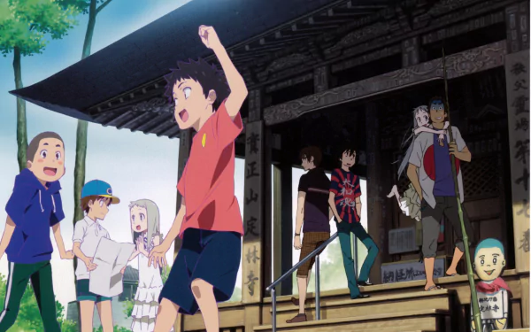 Anime scene from Anohana featuring a group of characters outside a traditional building, rendered in vibrant colors for a 4K Ultra HD PC desktop wallpaper.