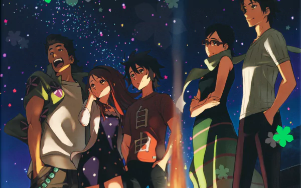 Anime-style 4K Ultra HD desktop wallpaper featuring five characters from Anohana under a starry night sky with glowing fireflies and vibrant colors.
