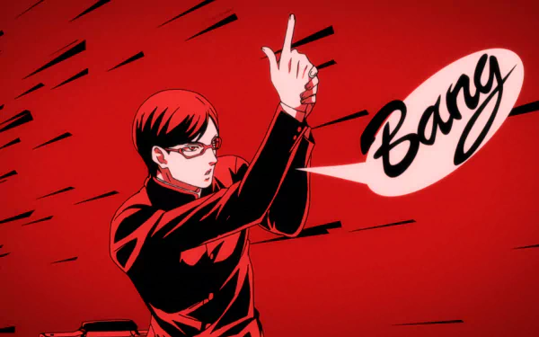 Sakamoto (Haven't You Heard I'm Sakamoto) anime HD PC desktop wallpaper: Sakamoto strikes a finger‑gun pose with a Bang speech bubble against a bold red background.