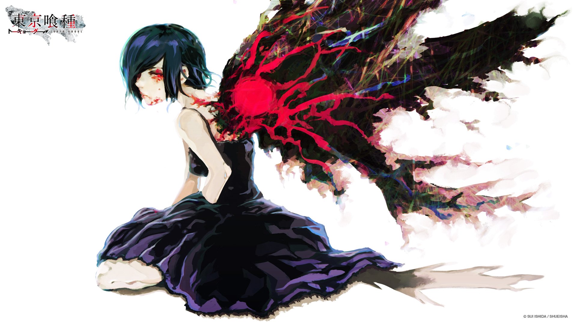 An HD desktop wallpaper featuring Touka Kirishima from Tokyo Ghoul, showcasing her dark wings and striking pose against a minimalist white background.