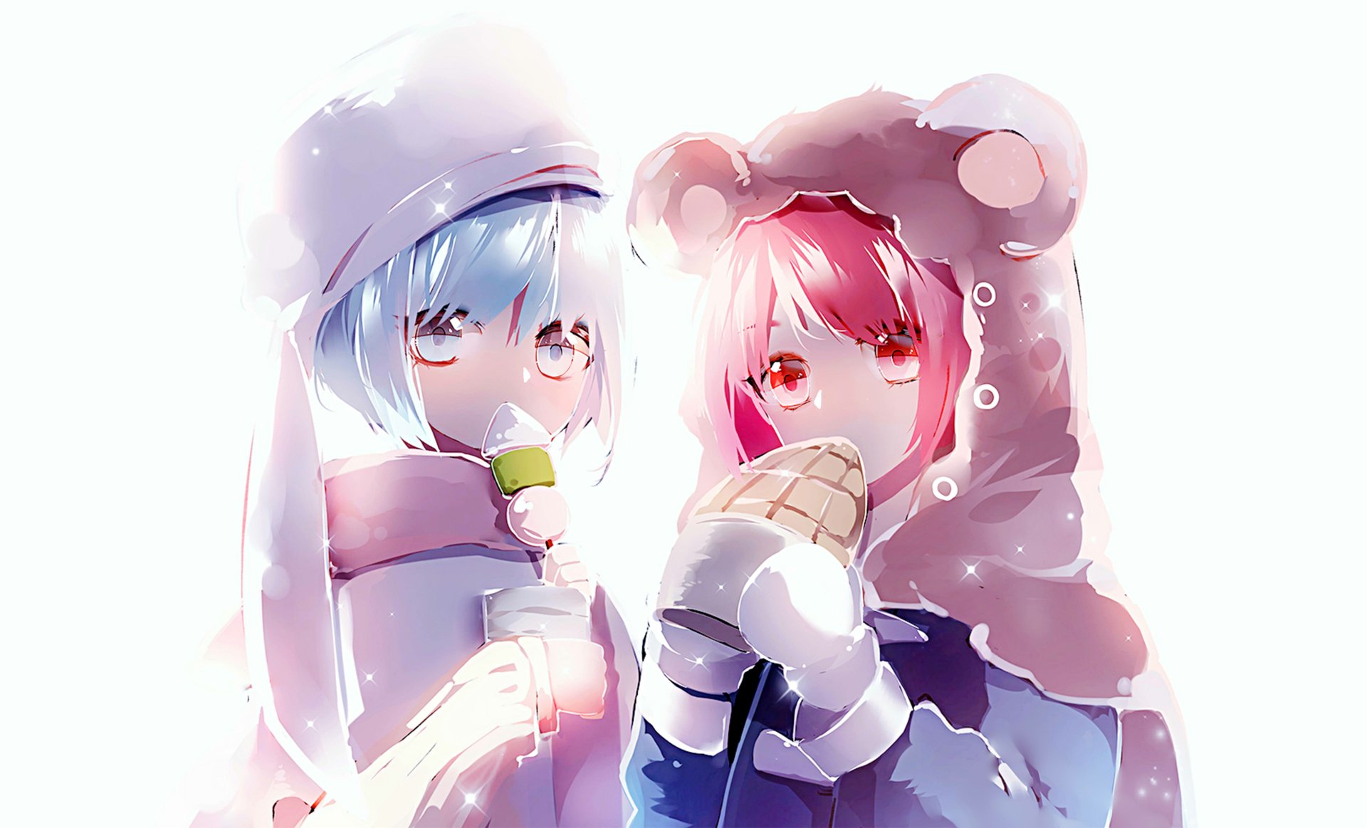 HD wallpaper featuring Ram and Rem from Re:ZERO - Starting Life in Another World, enjoying ice cream while dressed in cozy animal-themed outfits.