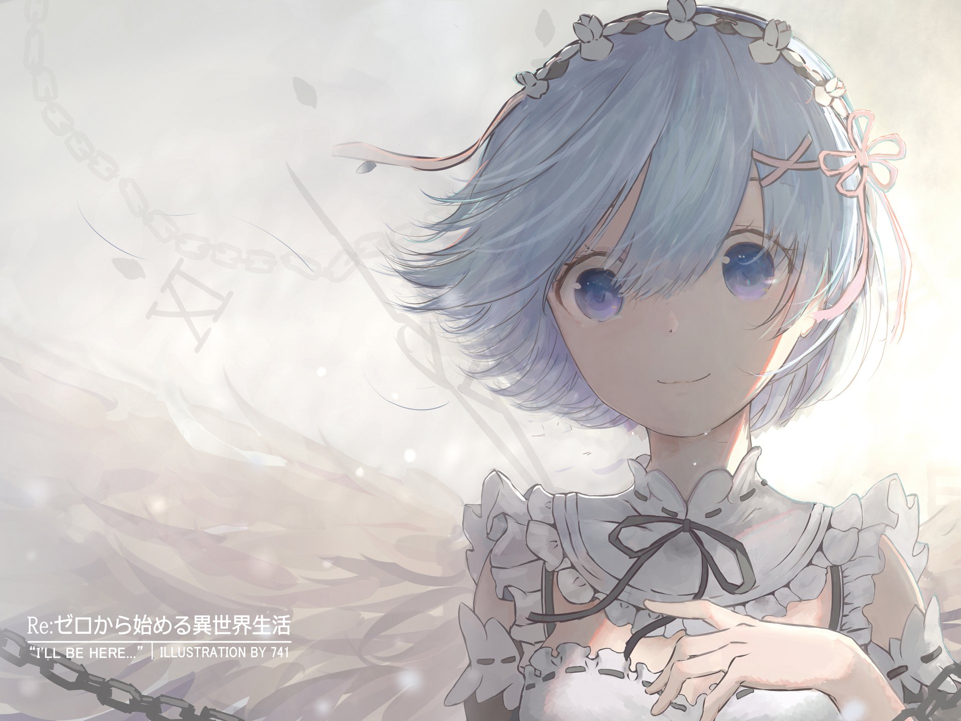 A stunning HD wallpaper of Rem from Re:ZERO - Starting Life in Another World, featuring her sweet expression and signature blue hair, set against a delicate, ethereal background.