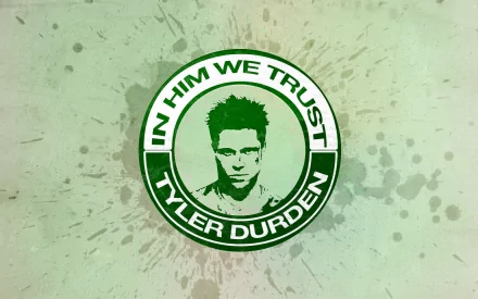 HD desktop wallpaper featuring a stylized image of Tyler Durden from the movie Fight Club, surrounded by a green and white circular design with the text In Him We Trust.