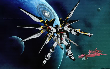 Anime HD PC desktop wallpaper: Mobile Suit Gundam Seed Destiny — winged Gundam floating in space before planets, accompanied by a small red support ship.
