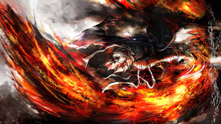 Dynamic HD PC wallpaper featuring a character from Rurouni Kenshin amidst swirling flames, capturing the essence of action and intensity in a vibrant anime style.