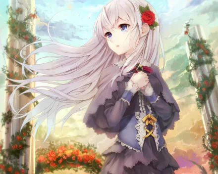 HD desktop wallpaper featuring a sad anime girl with blue eyes and white hair, set against a serene background with blooming flowers and intricate architecture.