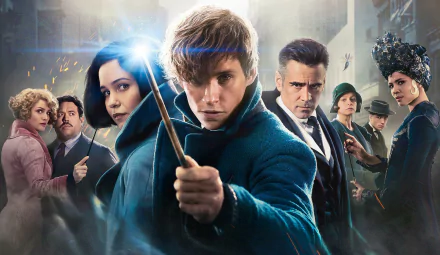 HD desktop wallpaper featuring Colin Farrell and Eddie Redmayne from the movie Fantastic Beasts and Where to Find Them, displaying characters with magical themes and intense expressions.