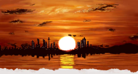 HD anime original desktop wallpaper depicting a vibrant orange sunset over a city skyline reflected in calm water under a dramatic sky.