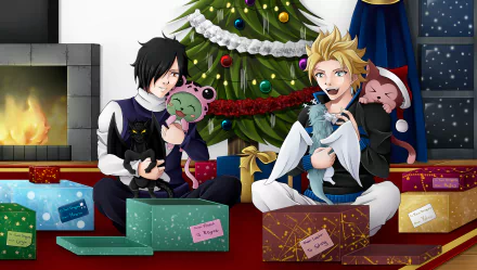 Sting Eucliffe and Rogue Cheney from Fairy Tail sit by a Christmas tree, surrounded by colorful presents, with Frosch and other characters in a festive, cheerful setting.