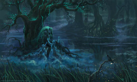 Dark fantasy HD desktop wallpaper depicting an eerie ghostly figure emerging from a twisted tree in a dark, misty swamp forest with an evil, haunting atmosphere.