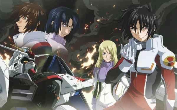 Anime Mobile Suit Gundam SEED Destiny 2K Quad HD PC desktop wallpaper: main pilots and a Gundam stand amid smoke and embers under a dramatic, war-torn sky.