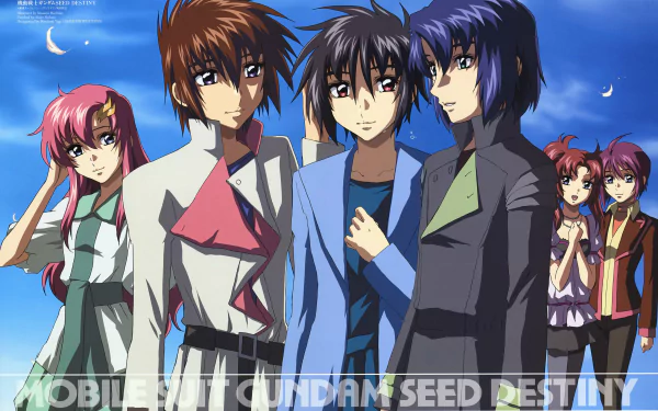 5K Ultra HD PC desktop wallpaper and background: Anime portrait of characters from Mobile Suit Gundam SEED Destiny posed together beneath a clear blue sky.