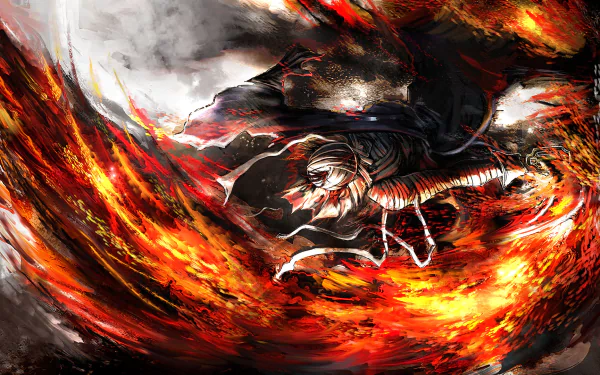 Dynamic HD PC wallpaper featuring a character from Rurouni Kenshin amidst swirling flames, capturing the essence of action and intensity in a vibrant anime style.