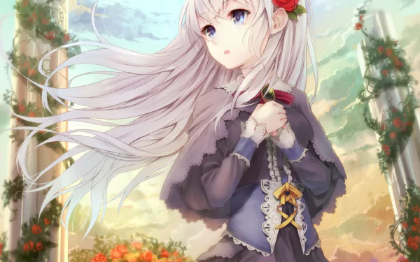 HD desktop wallpaper featuring a sad anime girl with blue eyes and white hair, set against a serene background with blooming flowers and intricate architecture.