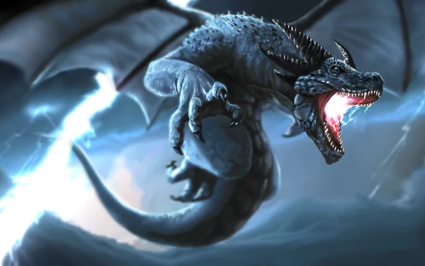HD fantasy desktop wallpaper depicting a fierce dragon soaring through a stormy sky illuminated by striking bolts of lightning.